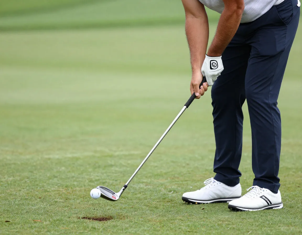 Golfer impact position hands ahead ball weight front foot