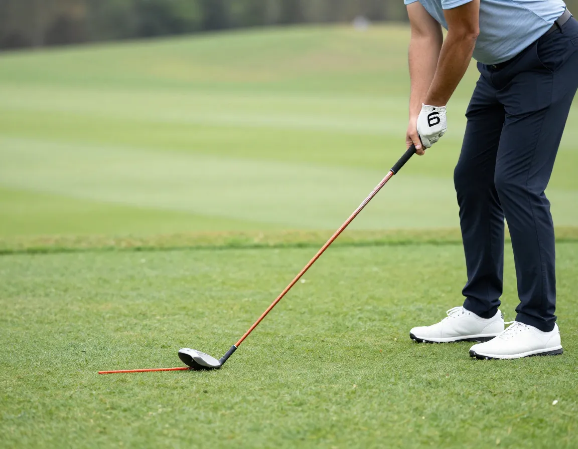 Golfer swing plane practice with alignment stick inclined