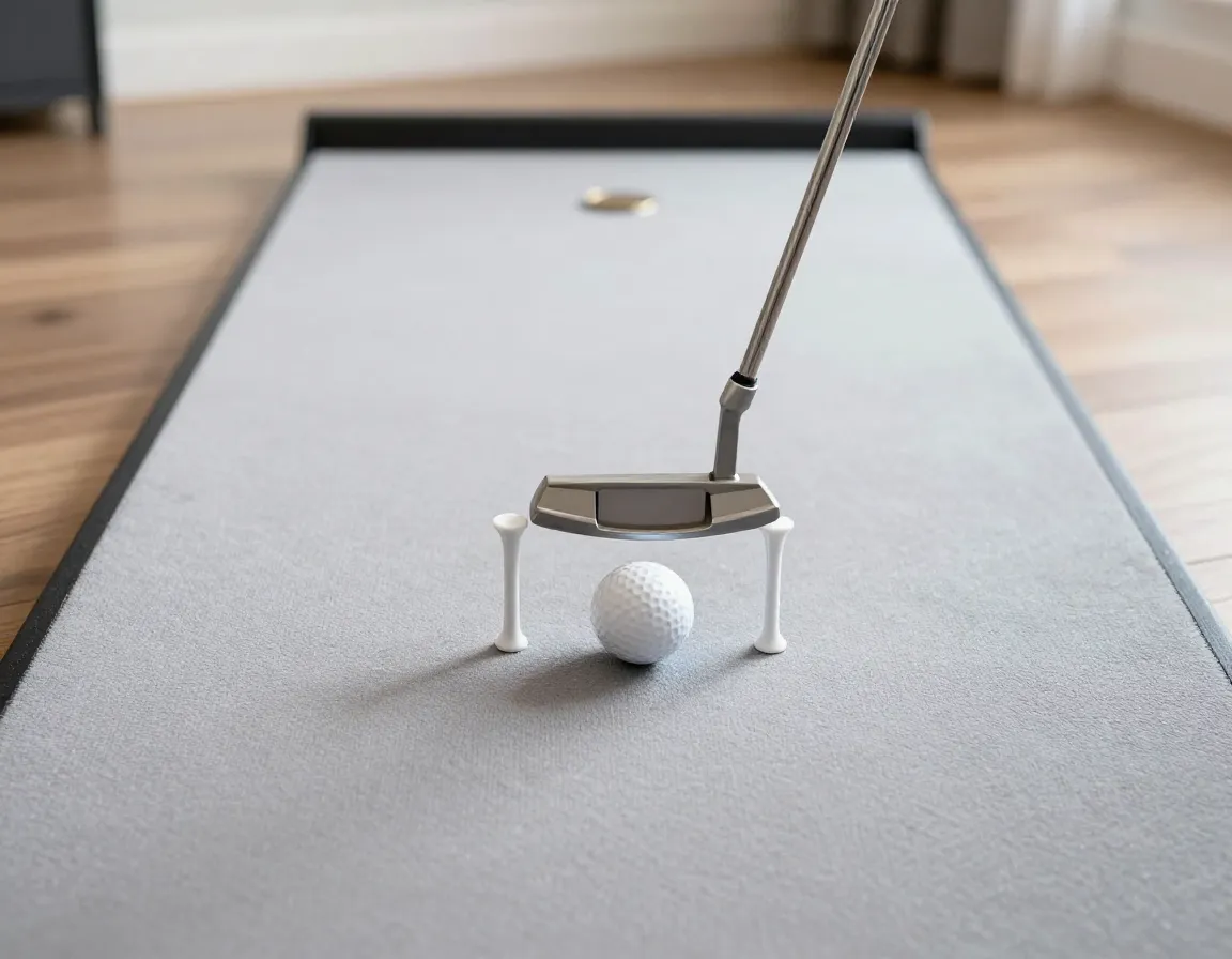 Golfer putting ball through narrow tee gate on indoor putting mat at ten foot distance