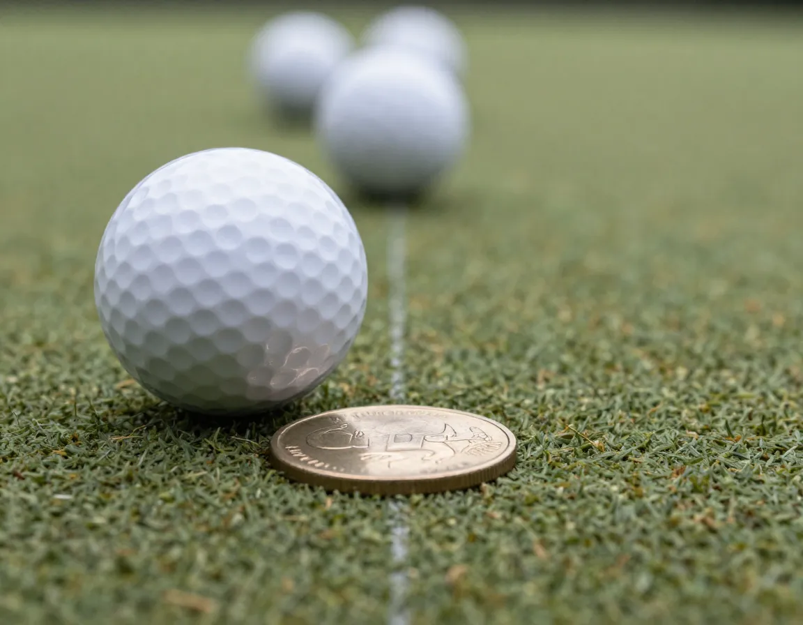 Golf ball approaching a shiny quarter coin target on a textured putting mat