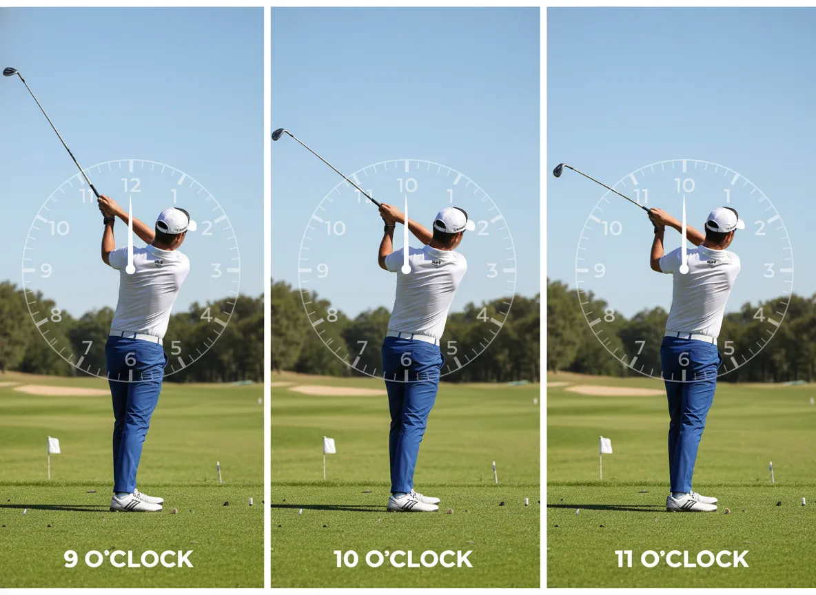 Golfer demonstrating clock face backswing positions for distance control