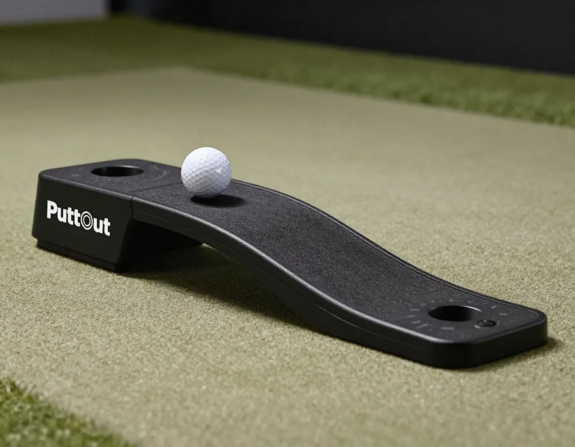 Golf ball rolling up the parabolic ramp of a puttout pressure putt trainer
