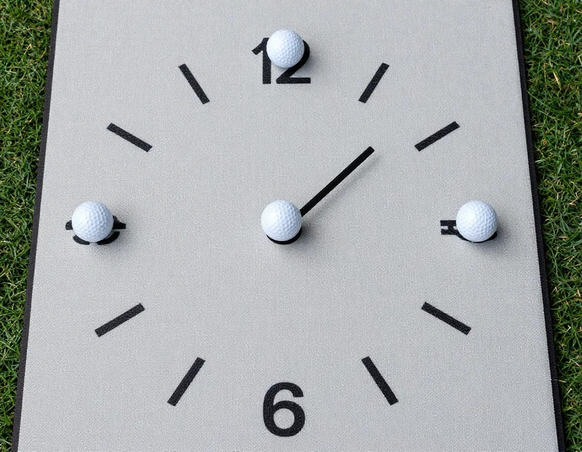 Four golf balls placed at clock positions around a central target on a putting mat