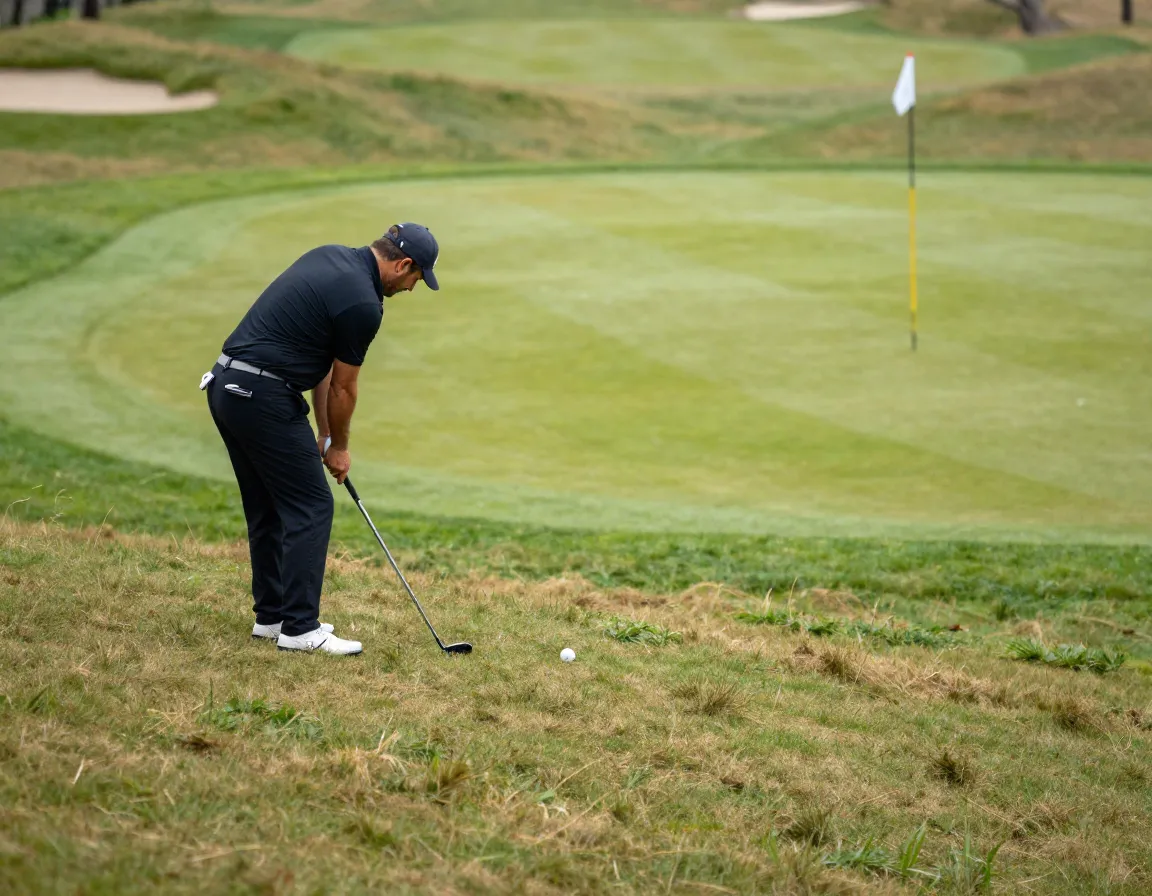 Golfer assessing an uphill lie and adjusting stance and aim