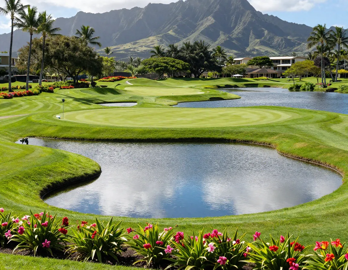 Ko olina golf club water hazard hole with tropical landscaping