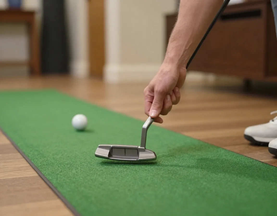 Golfer making a one handed putting stroke on an indoor mat at ten foot distance