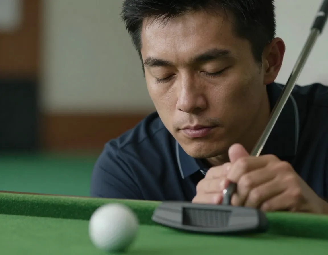 Golfer with eyes closed preparing to strike a putt on an indoor putting mat