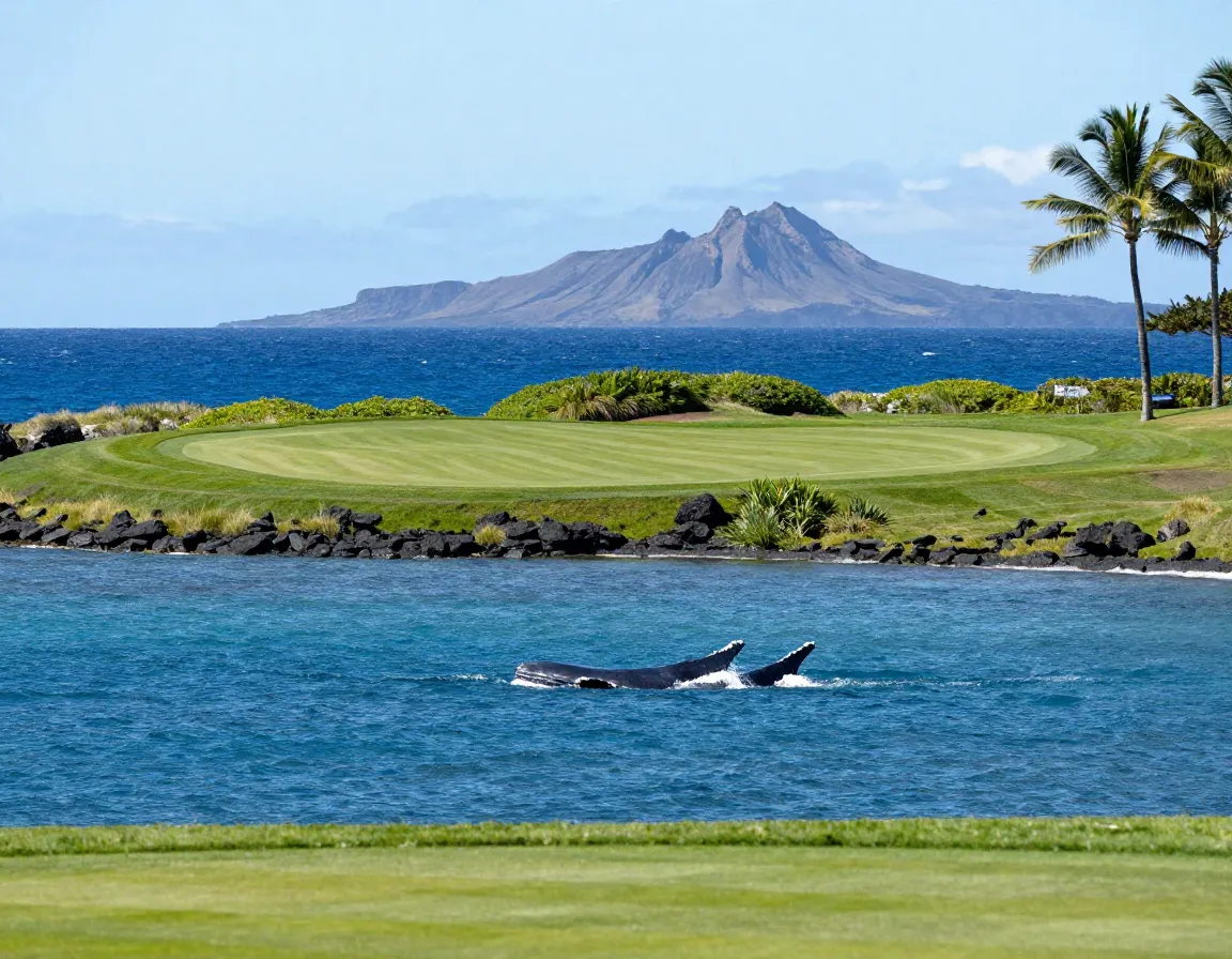Wailea blue course oceanfront hole with whale in distance