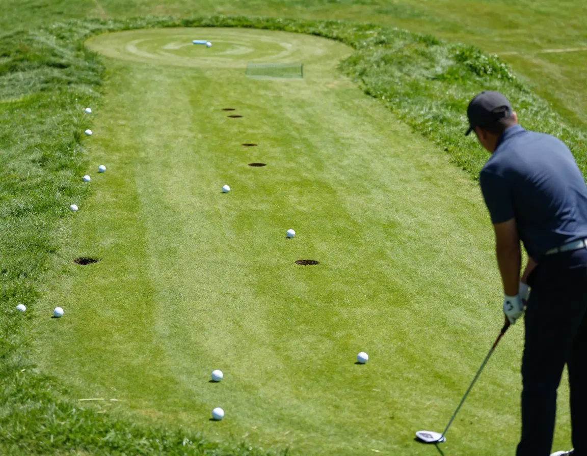 Golfer practicing the par saver challenge with multiple balls and lies
