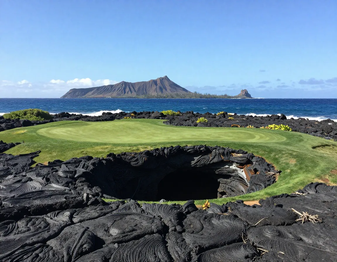 Makena south course lava flow hole with ocean panorama
