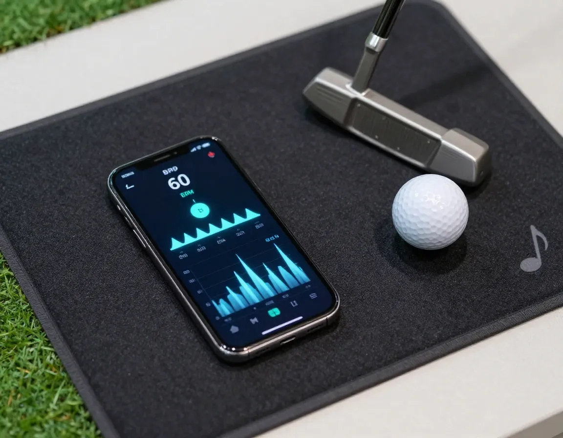 Smartphone metronome app beside a putter and golf ball on a putting mat
