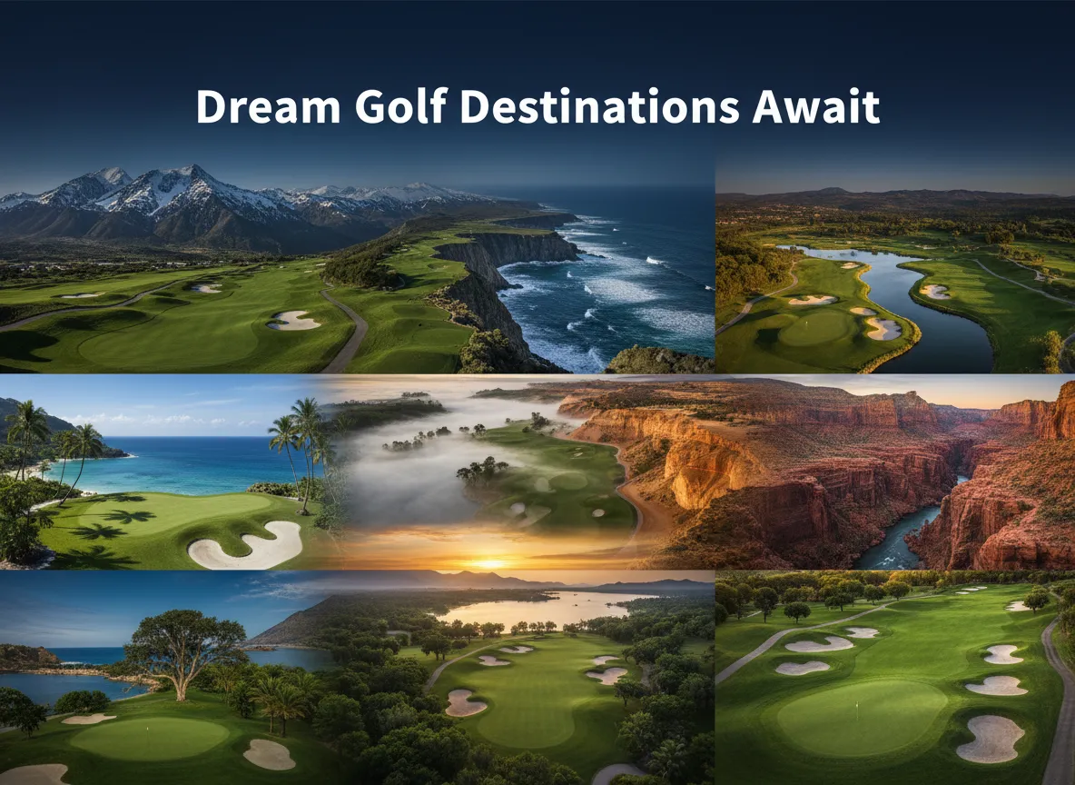 Aerial collage nine iconic golf course landscapes blending into one vista