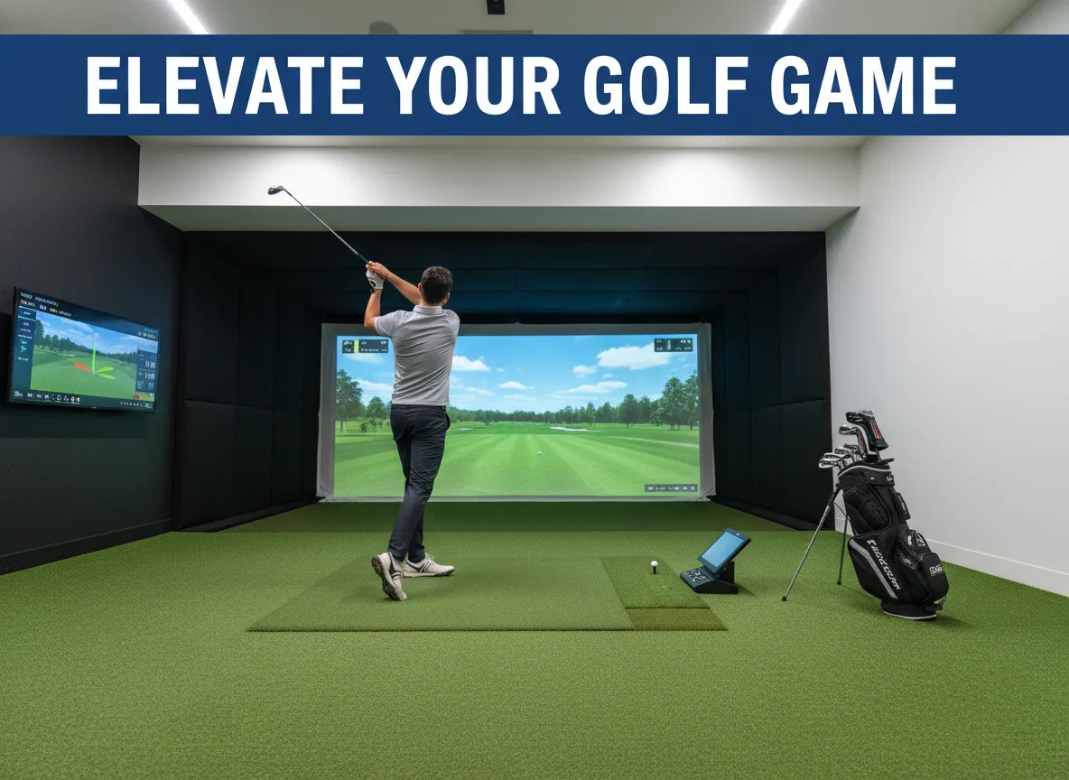Golfer swinging in modern simulator bay with data screen technology