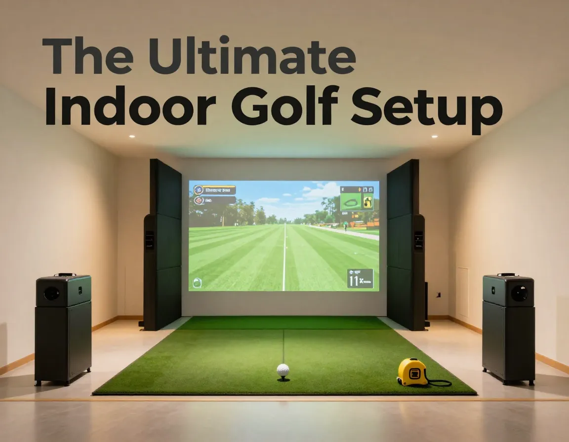 Launch monitor hitting mat projected course measurement tape modern garage space