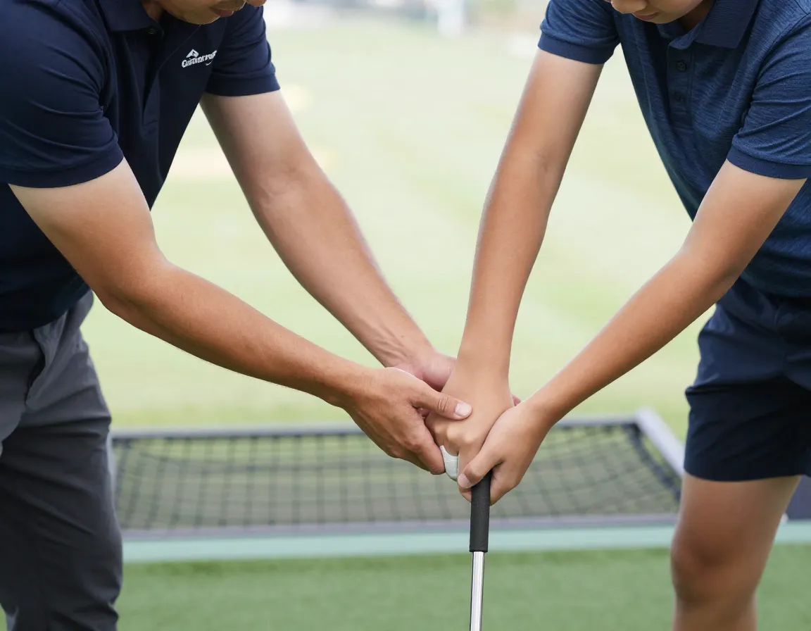 Beginner golfer receiving professional instruction on fundamentals