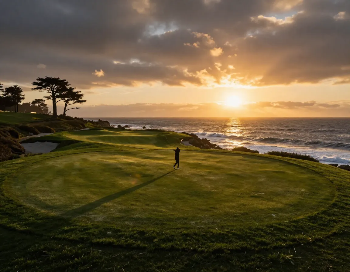 Pebble beach eighteenth hole pacific ocean coastline dramatic sunset