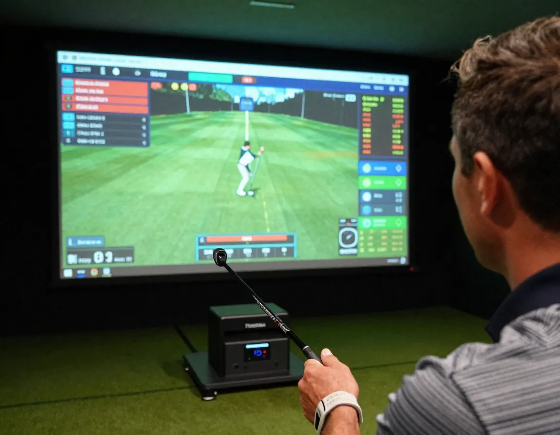 Golfer analyzing swing data on high tech launch monitor screen
