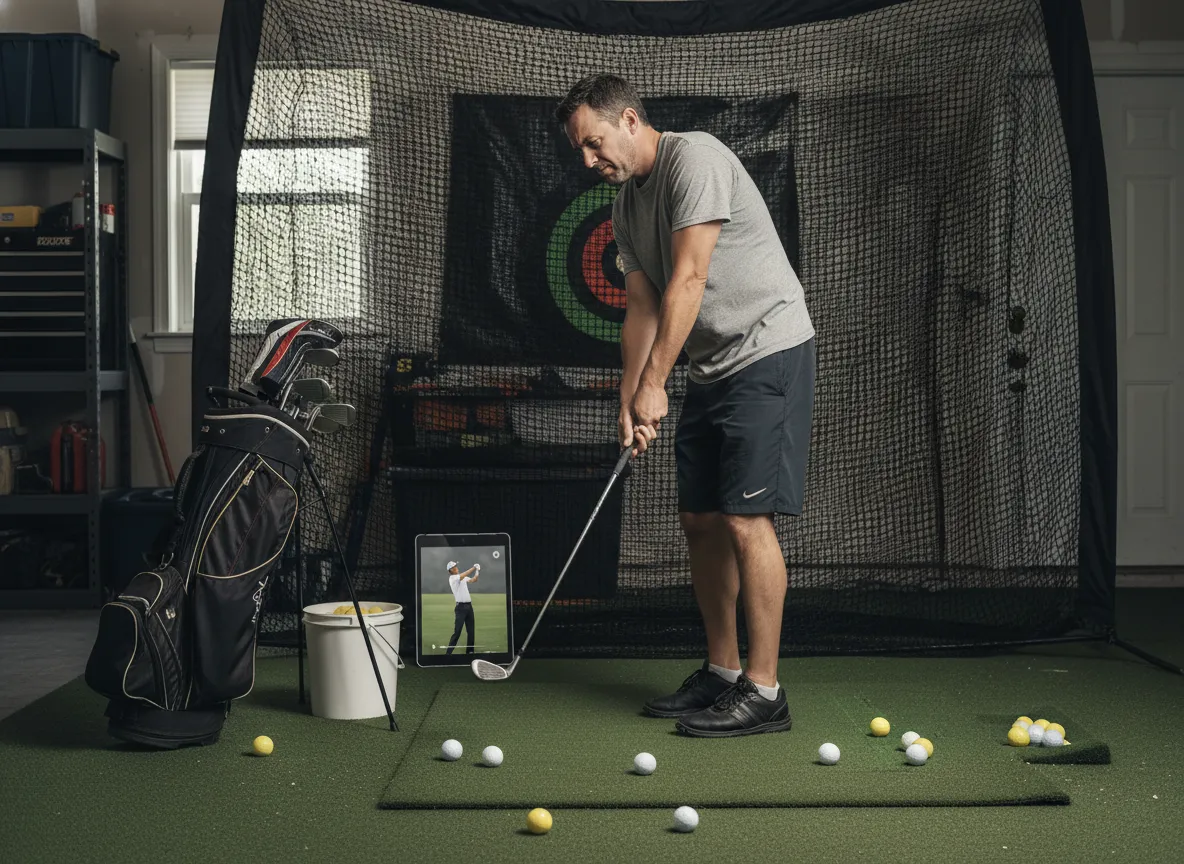 Golfer watching instructional video on tablet while practicing swing