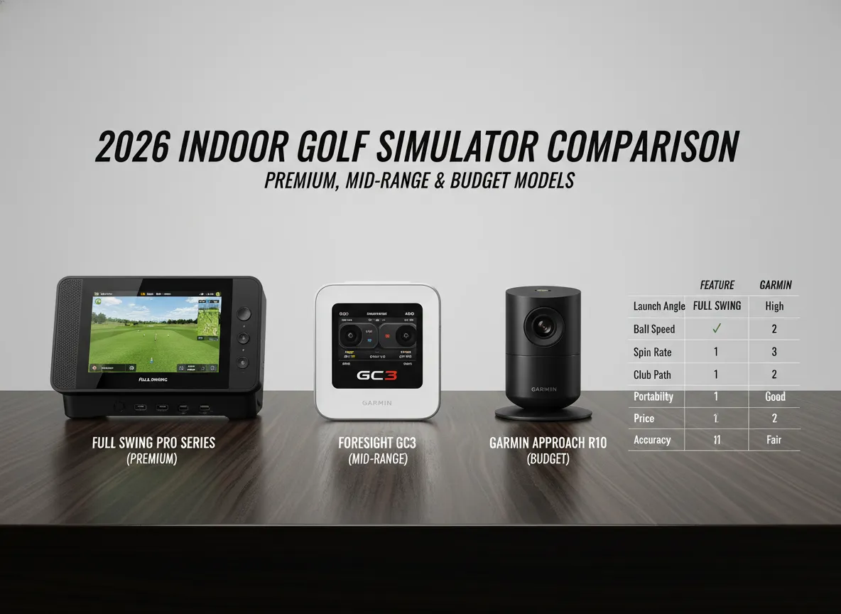 Indoor golf simulator comparison chart with 2026 premium midrange budget models