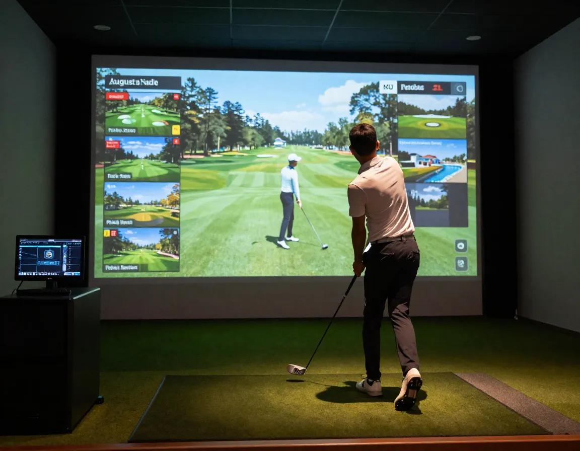 Golfer using simulator with virtual course library selection menu