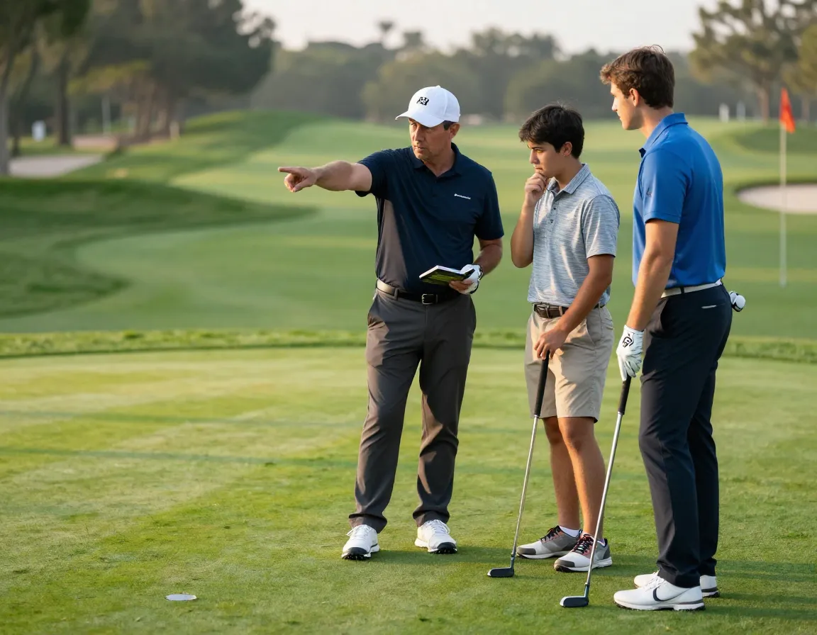 Instructor and student discussing strategy on a golf course green