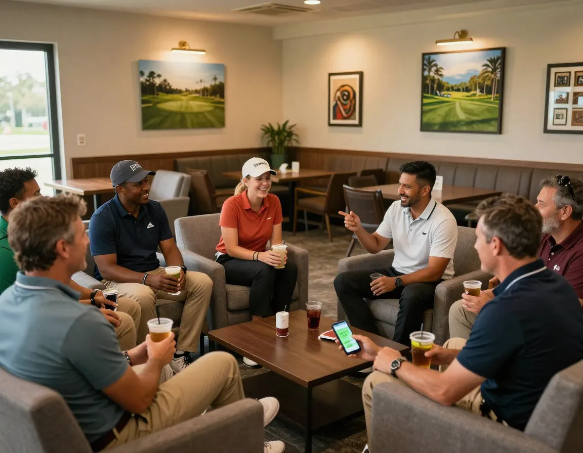 Group of golfers socializing after a clinic in a learning center lounge