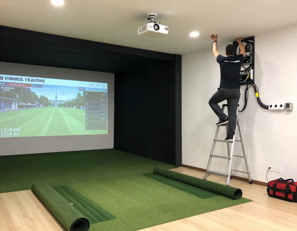 Professional installer setting up high end indoor golf simulator system