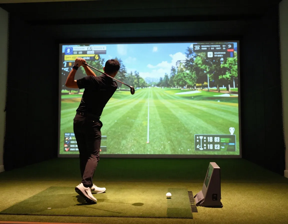 Golfer practicing swing indoors with simulator projecting virtual course