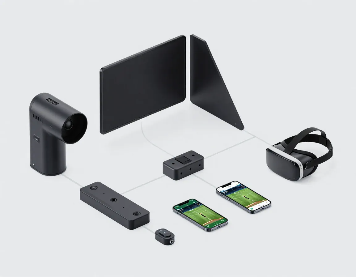Modular indoor golf simulator components with upgrade paths diagram