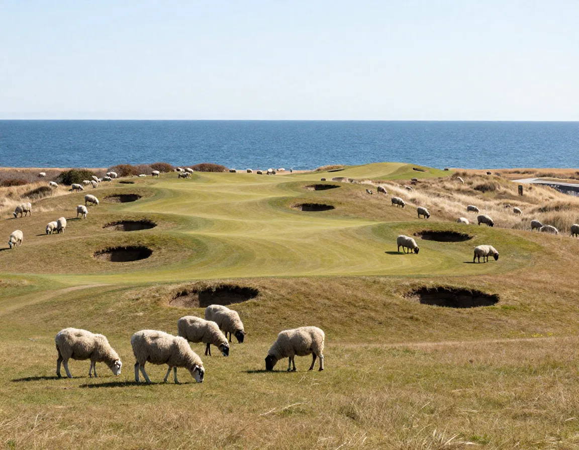 Whistling straits lake michigan pot bunkers sheep grazing landscape