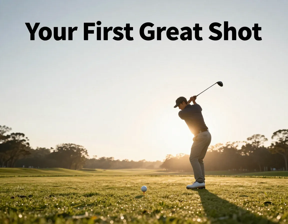 Beginner golfer silhouette sunrise impact position first tee dew