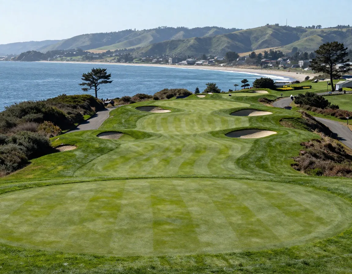 Pasatiernpos elevated green with deep bunkers overlooking monterey bay
