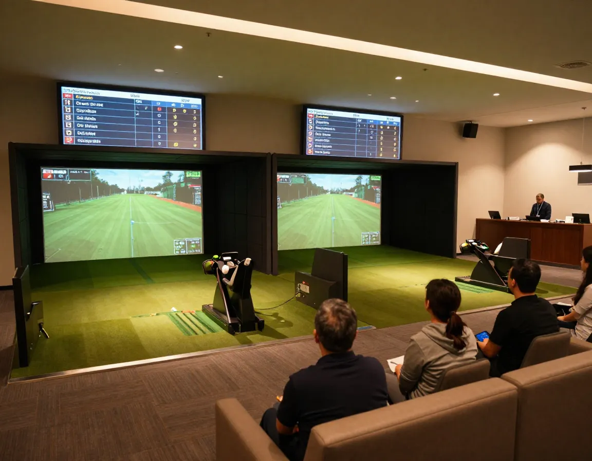 Professional tournament environment with scoreboards and spectator seating