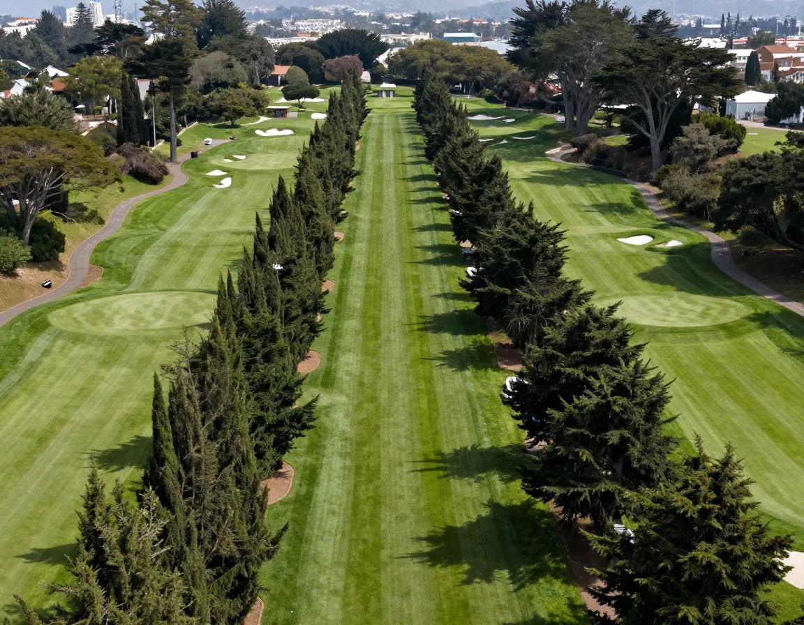 Tpc harding park fairway lined by majestic cypress trees in golden gate