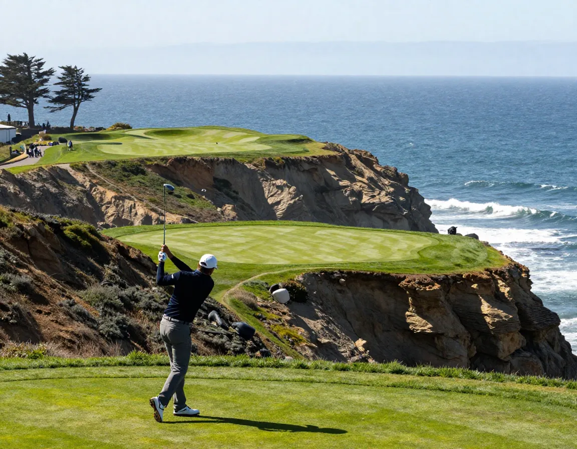 Torrey pines golfer hitting to clifftop green over pacific ocean