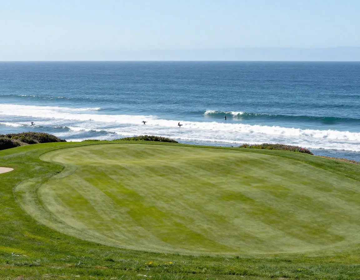 Monarch beach golf hole on coastal bluff with surfers in ocean