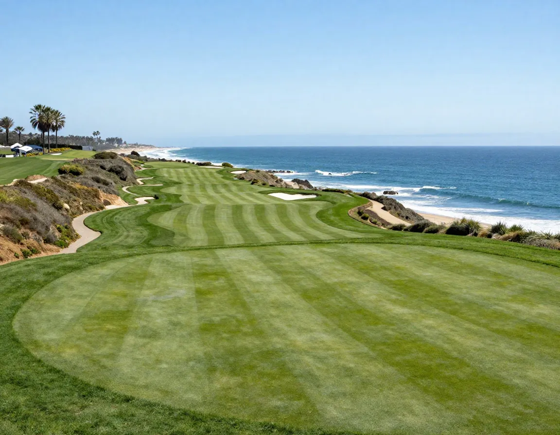 Pelican hill ocean course tee with panoramic pacific coastline view
