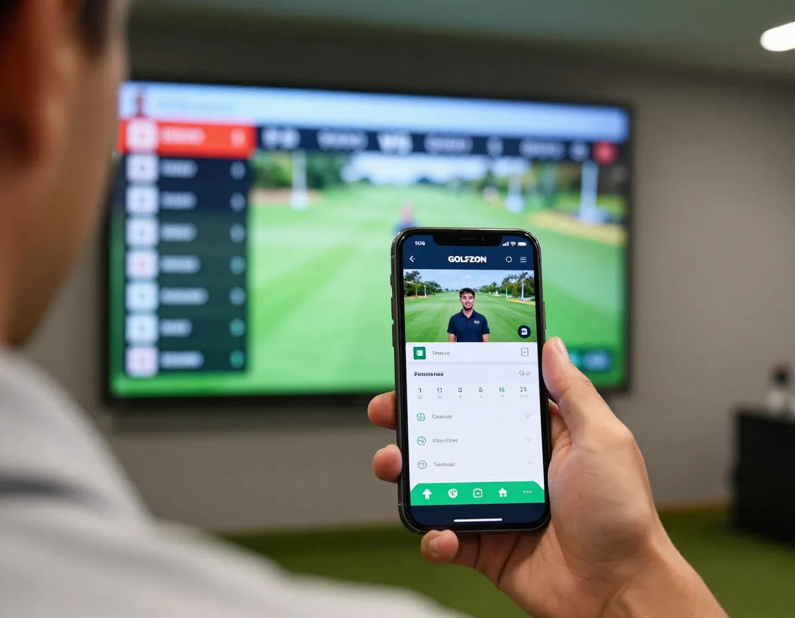 Digital engagement player using golf app on phone with live leaderboard