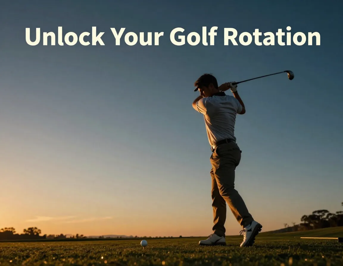 Golfer golden hour mid swing coiled rotation practice tee dramatic sky