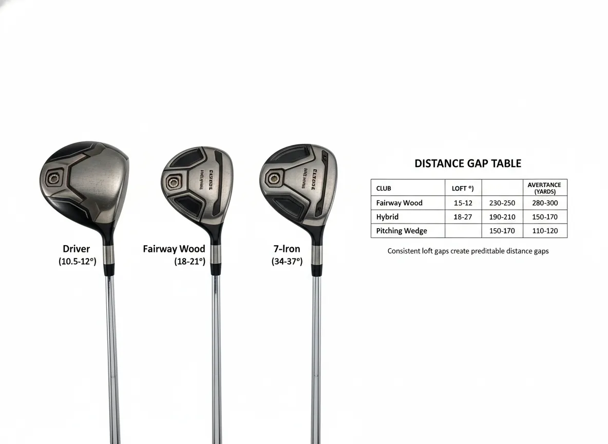 Golf clubs with loft angles marked next to a distance chart