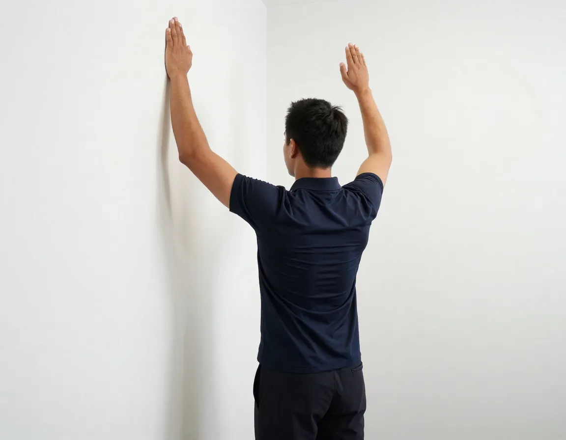 Golfer performing wall angels exercise for scapular mobility