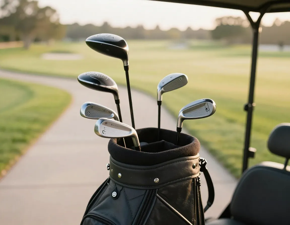 Nine essential golf clubs arranged in a starter set bag