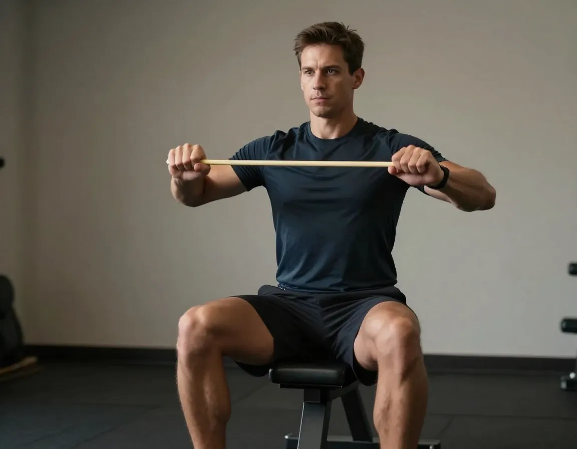 Seated golfer rotating torso with resistance band at chest