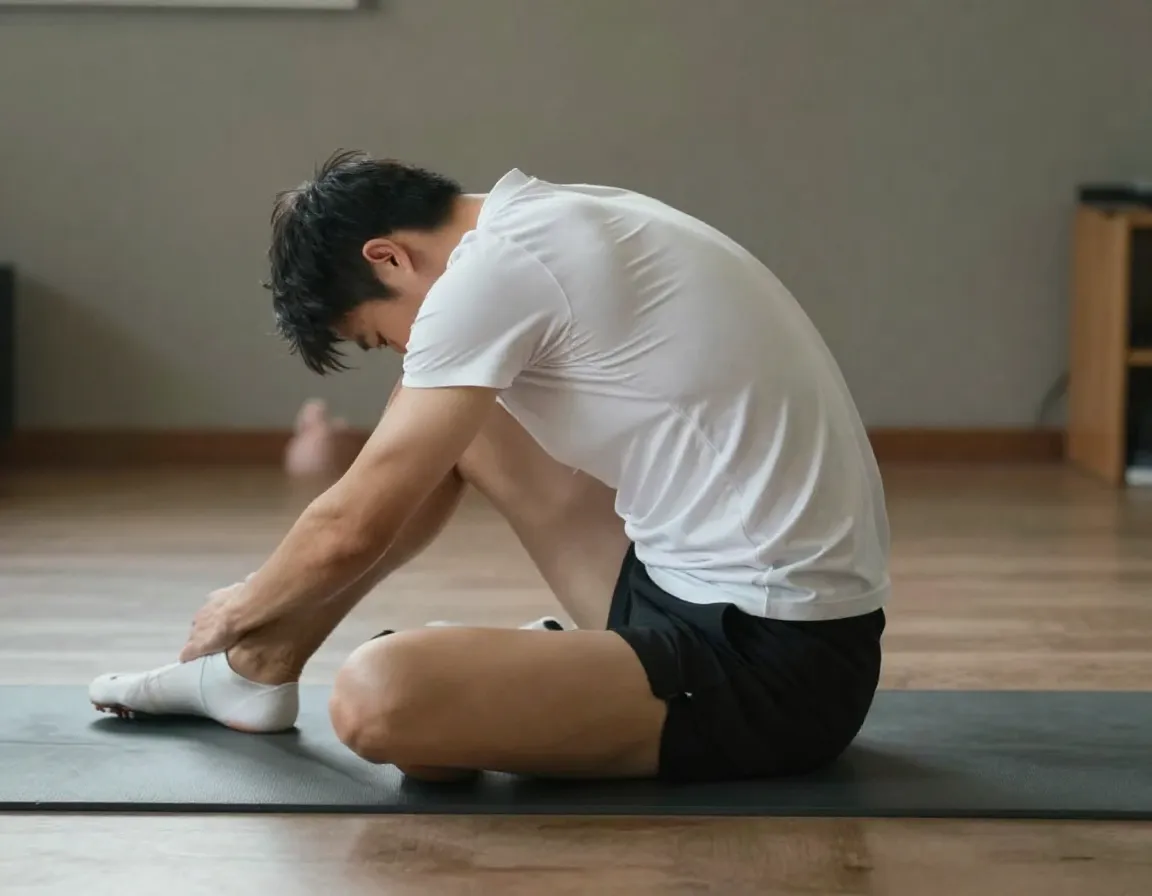 Golfer in 90 90 hip stretch position on exercise mat