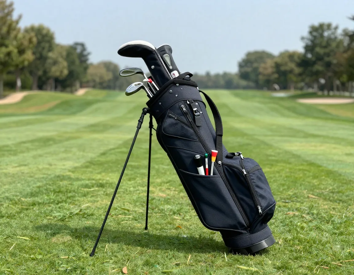 Golf stand bag with pockets and accessories on a fairway