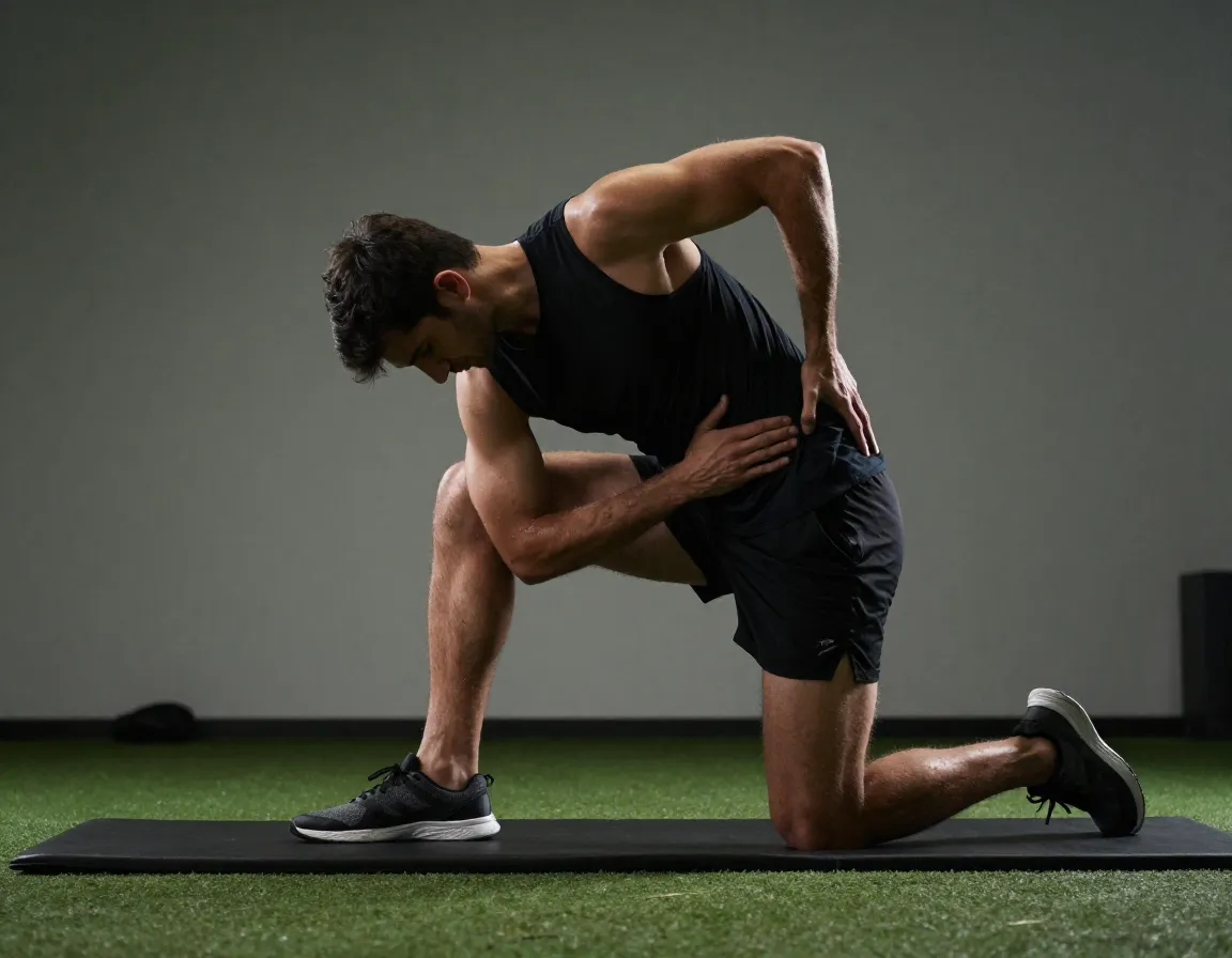 Golfer in half kneeling position performing hip flexor stretch with rotation