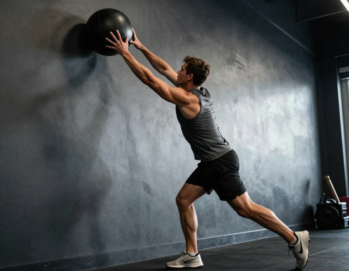 Golfer explosively throwing medicine ball against wall for rotation