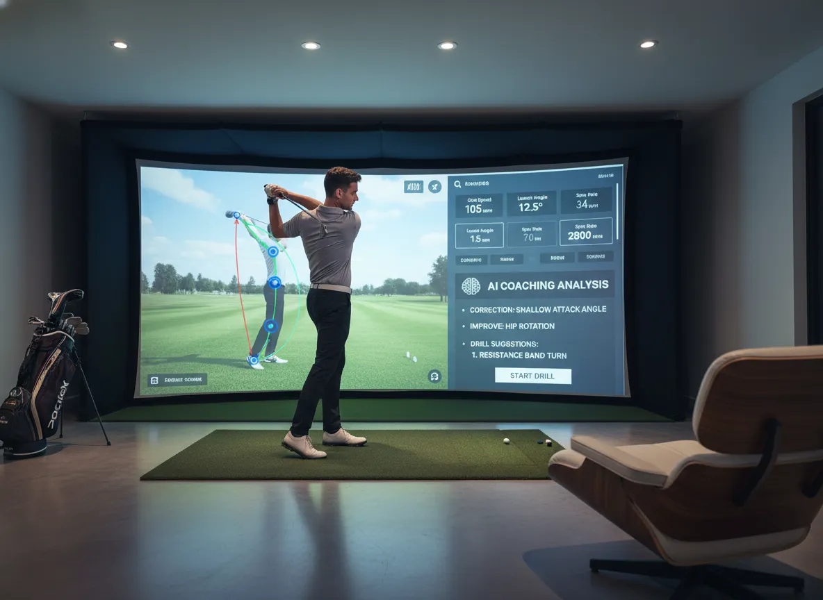 Ai coaching system analyzing golfer swing on simulator screen