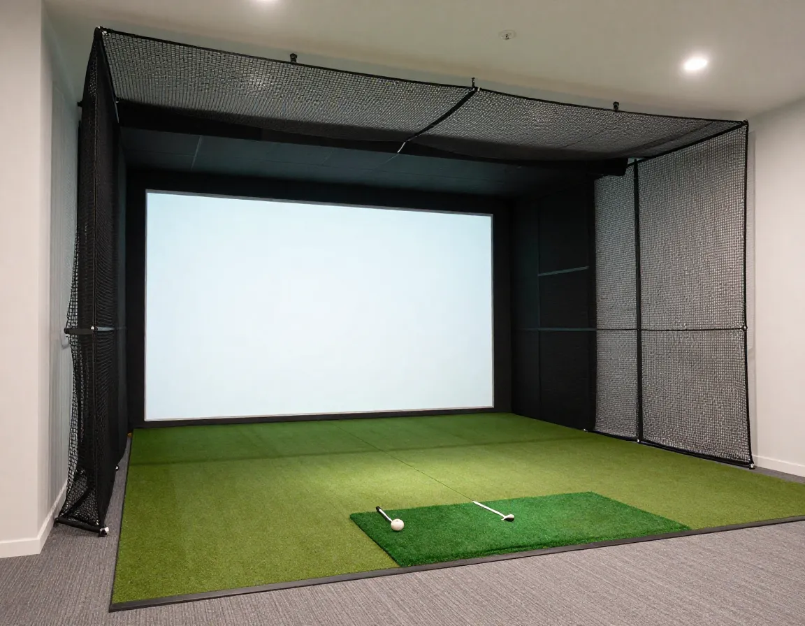 Durable impact screen with side netting in a home simulator room