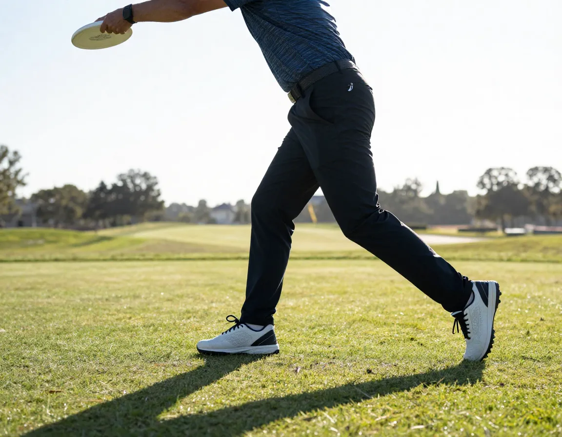 Disc golfer side view x step footwork plant foot positioning